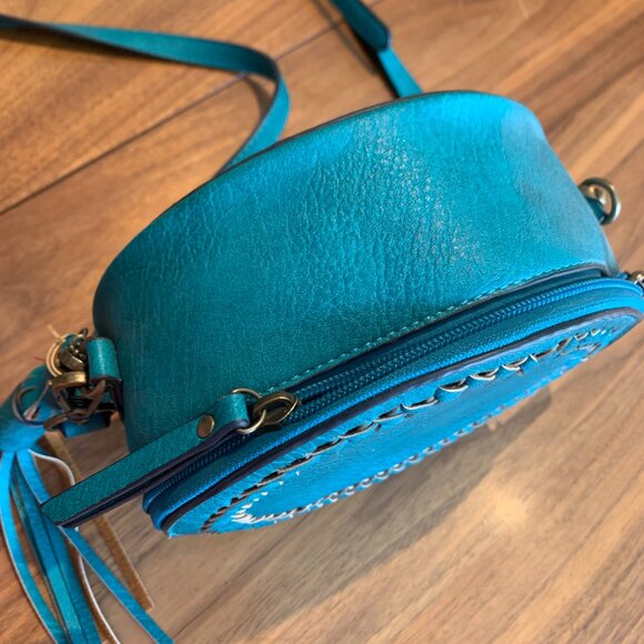 Ampere purse, cross body, mini, holds iphone, round, vegan leather, turquoise - Picture 5 of 16